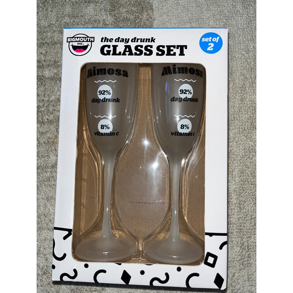 BigMouth Inc The Day Drunk Glass Set 2 Mimosa Champagne Flutes Frosted 4oz New